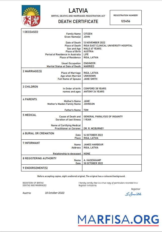 Printable Latvia vital record death certificate Word and PDF template